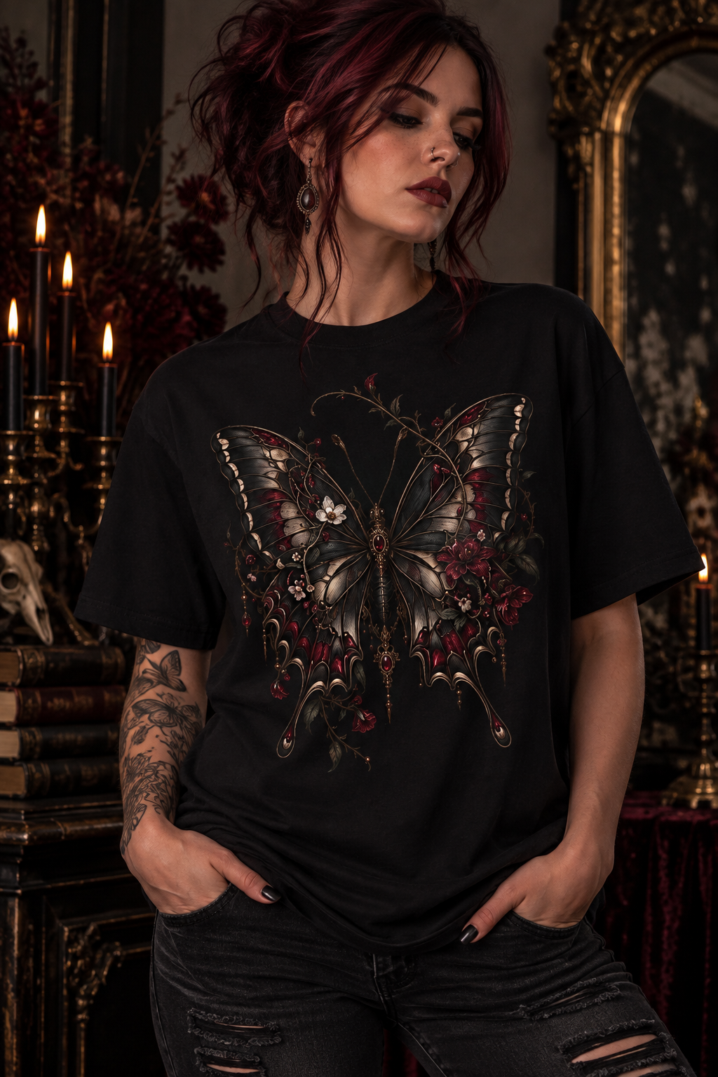 Gothic Dark Butterfly T‑Shirt — Vintage Floral Moth Graphic