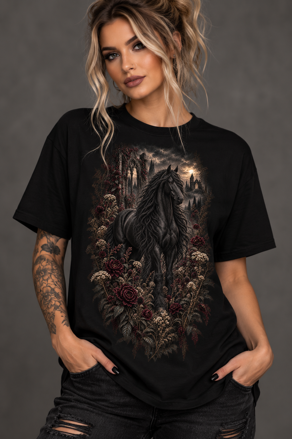 Black Horse T-Shirt — Dark Gothic Stallion