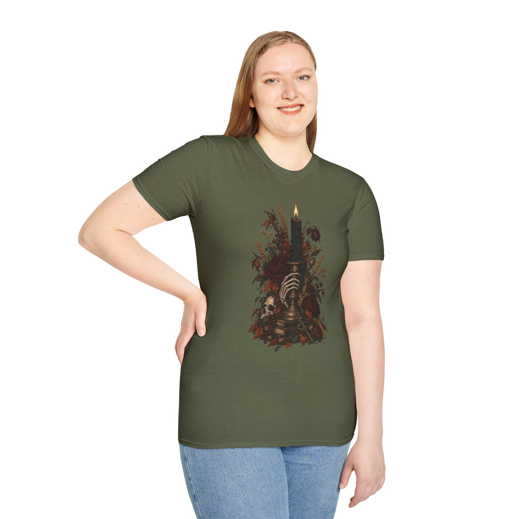 Gothic Candle T-Shirt — Hand Holding Burning Candle with Skull & Floral Design