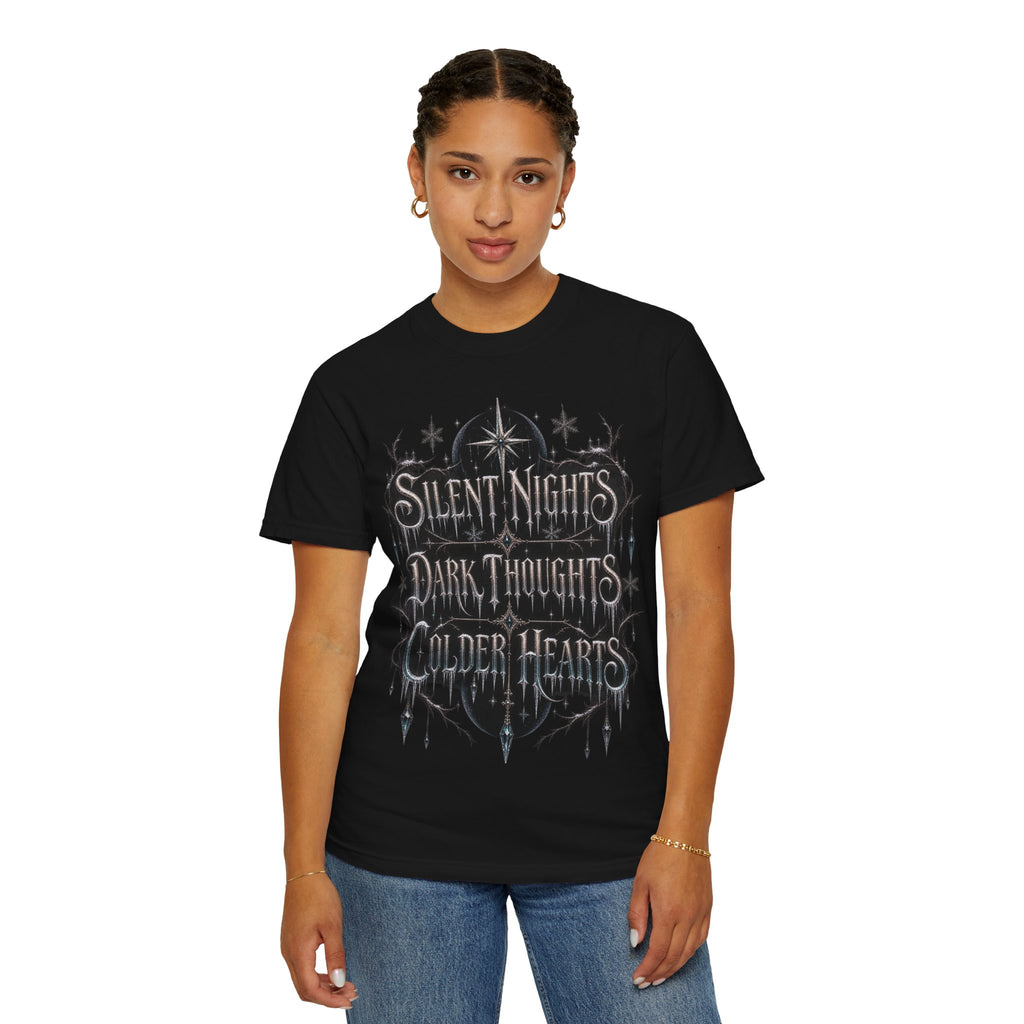 "Silent Nights, Dark Thoughts, Colder Hearts” T-Shirt — Gothic Holiday Graphic