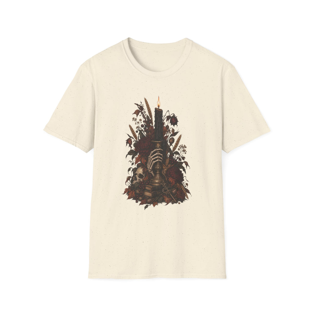 Gothic Candle T-Shirt — Hand Holding Burning Candle with Skull & Floral Design