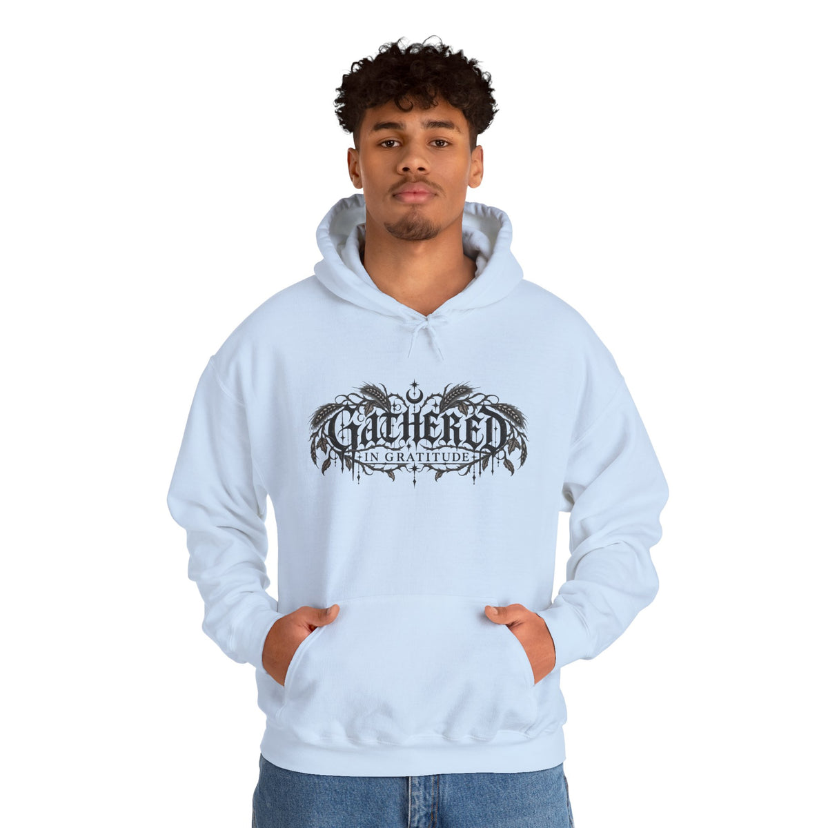 Gathered in Gratitude Hoodie — Gothic Winged Script Pullover