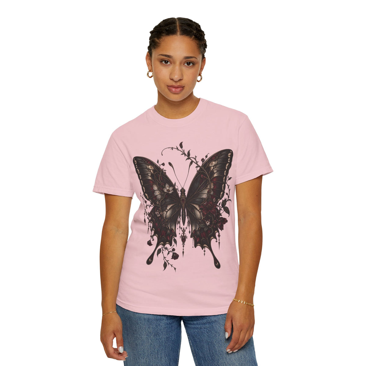 Gothic Dark Butterfly T‑Shirt — Vintage Floral Moth Graphic