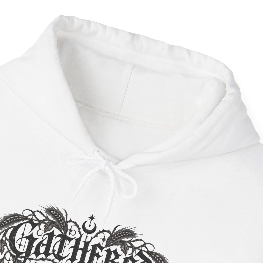 Gathered in Gratitude Hoodie — Gothic Winged Script Pullover