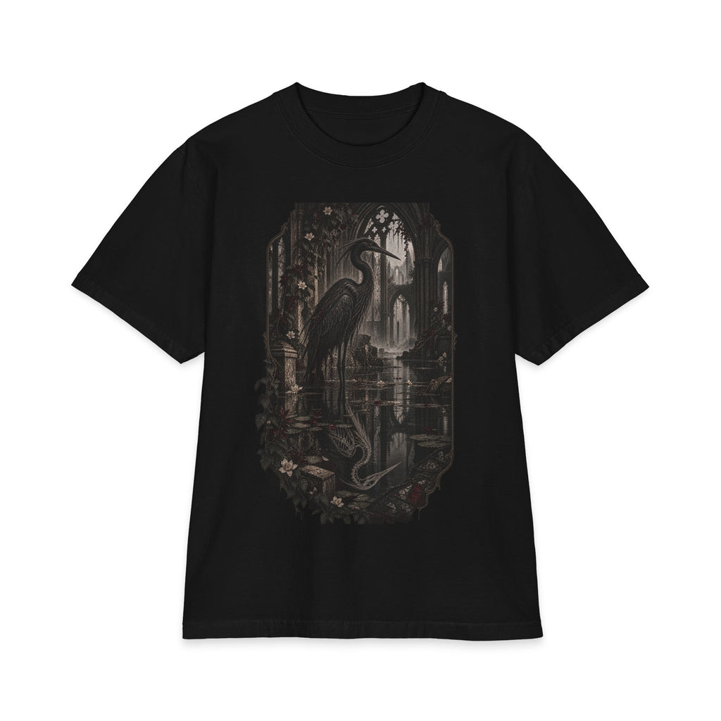 Heron & Ruins Graphic T‑Shirt — Gothic Nature Scene