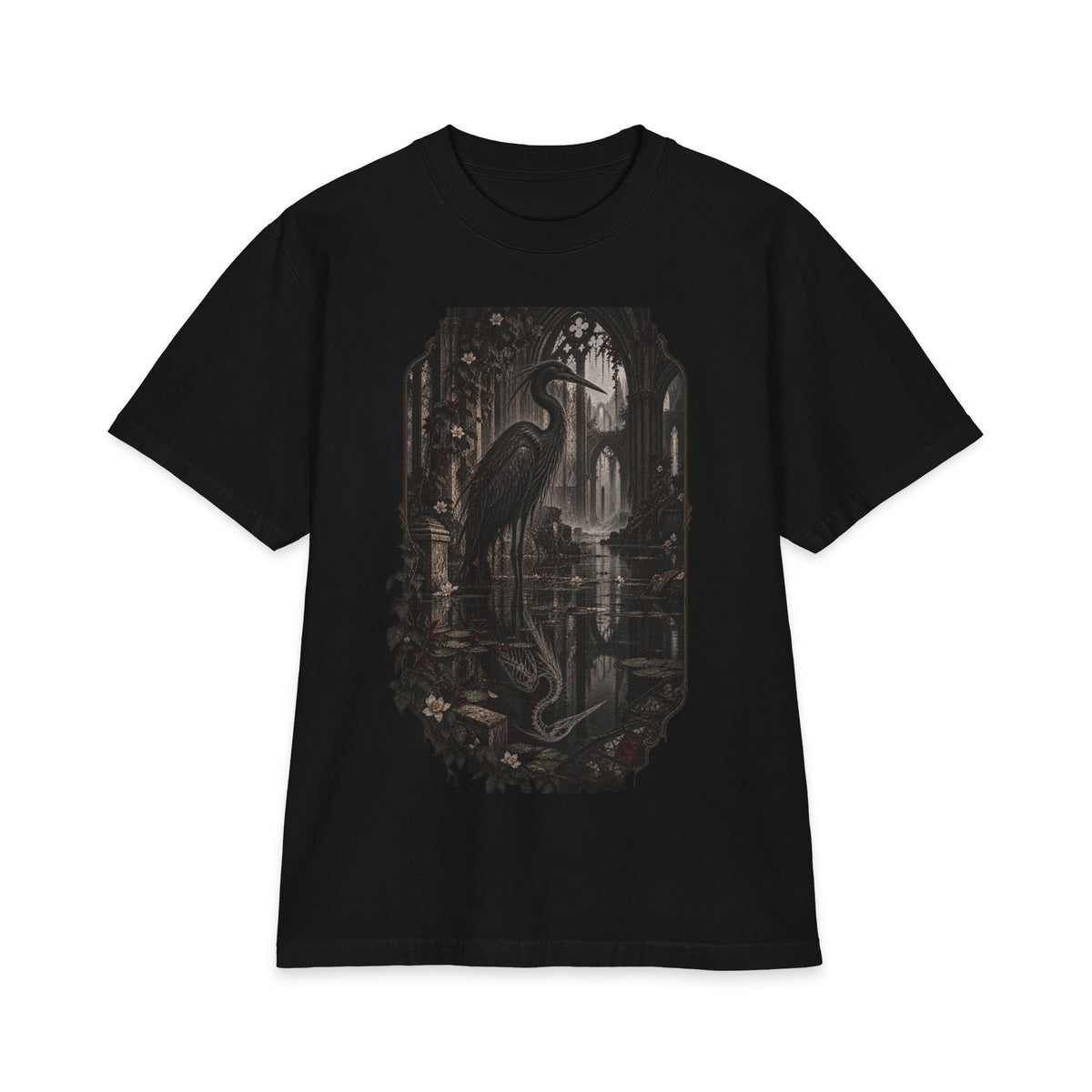 Heron & Ruins Graphic T‑Shirt — Gothic Nature Scene