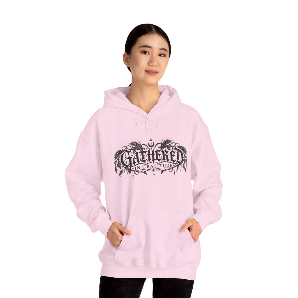 Gathered in Gratitude Hoodie — Gothic Winged Script Pullover