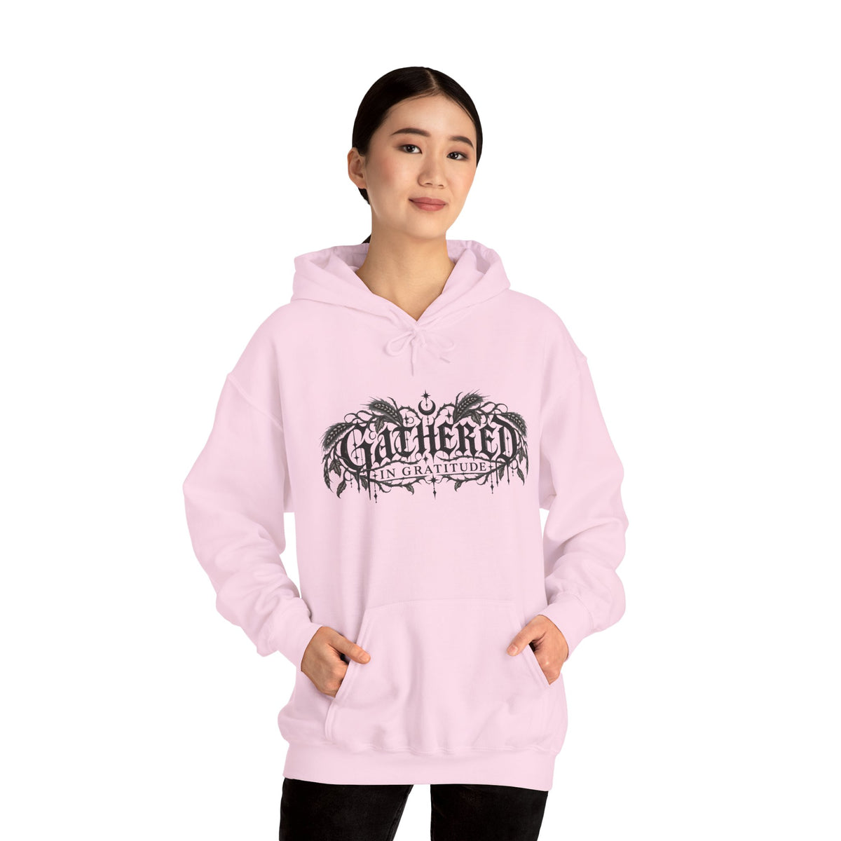 Gathered in Gratitude Hoodie — Gothic Winged Script Pullover