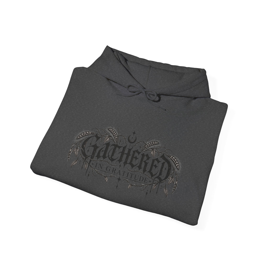 Gathered in Gratitude Hoodie — Gothic Winged Script Pullover