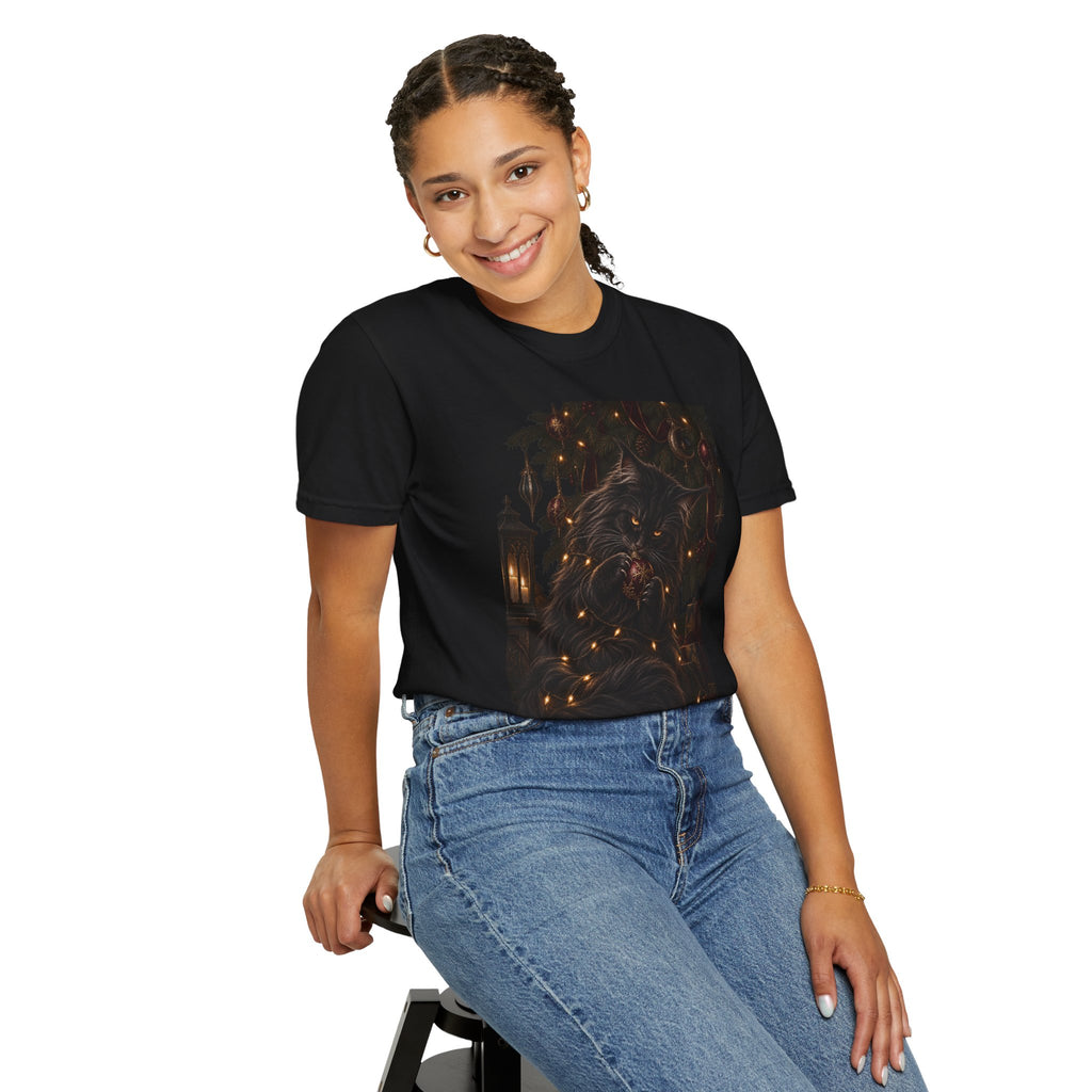 Black Cat Christmas T-Shirt — Gothic Holiday Lights Graphic