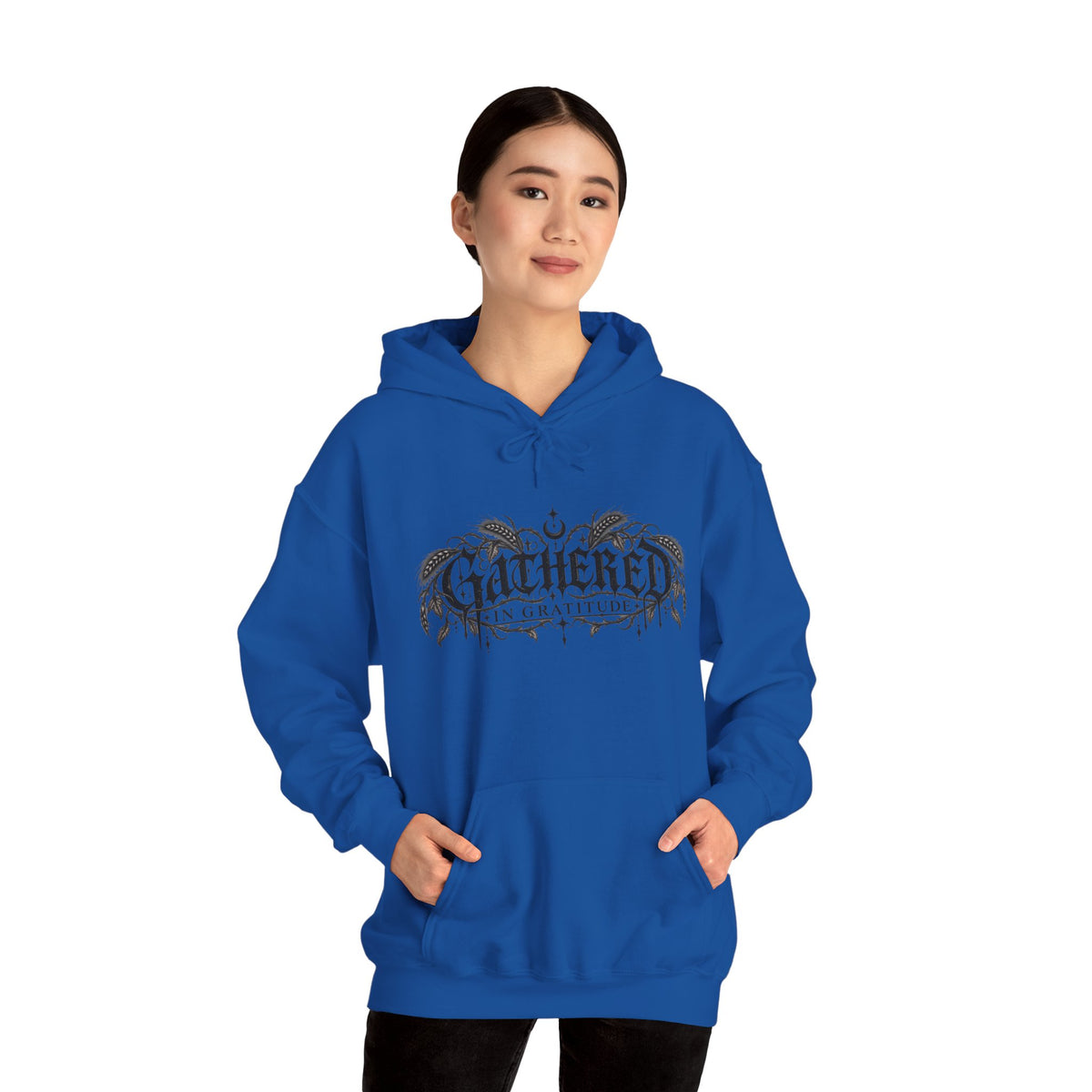 Gathered in Gratitude Hoodie — Gothic Winged Script Pullover