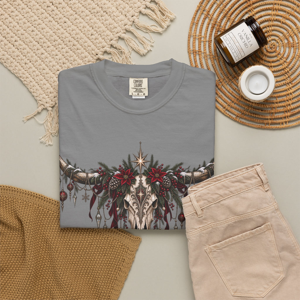 Western Skull Christmas T-Shirt — Boho Longhorn Design
