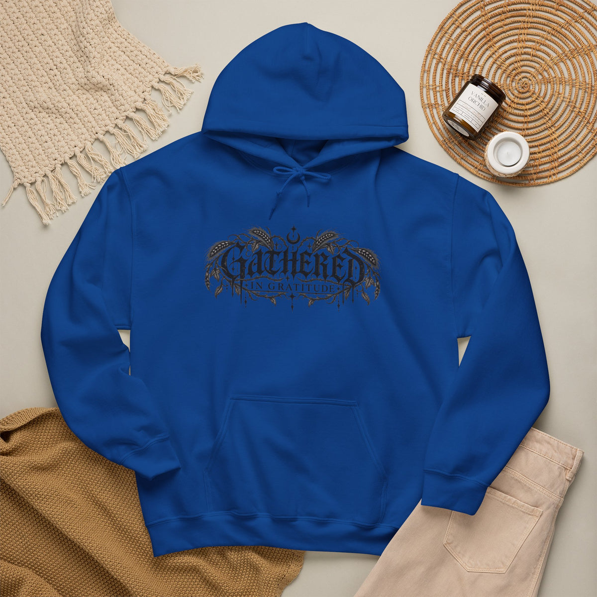 Gathered in Gratitude Hoodie — Gothic Winged Script Pullover