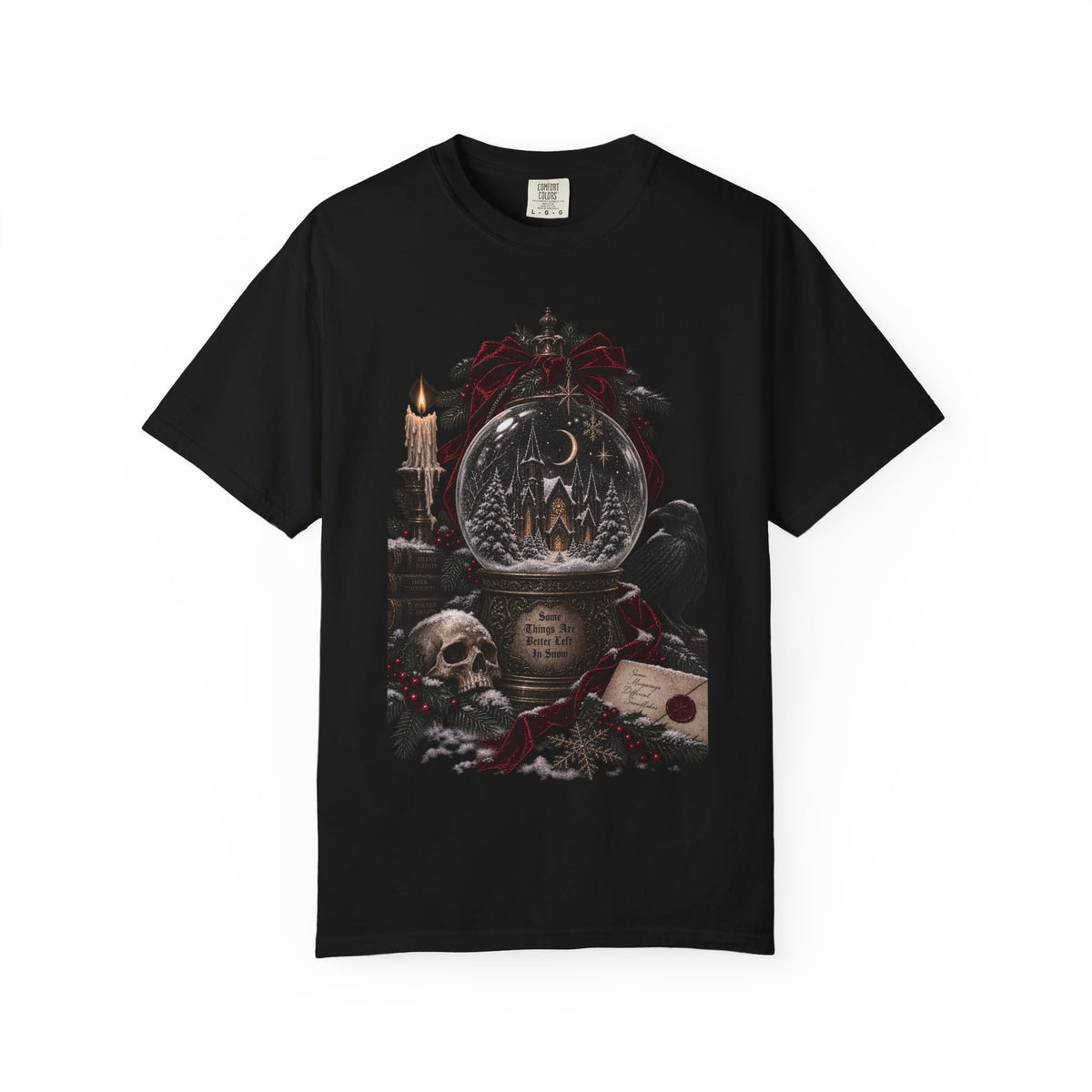 Gothic Snow Globe T-Shirt — Dark Holiday Skull & Raven Winter Scene