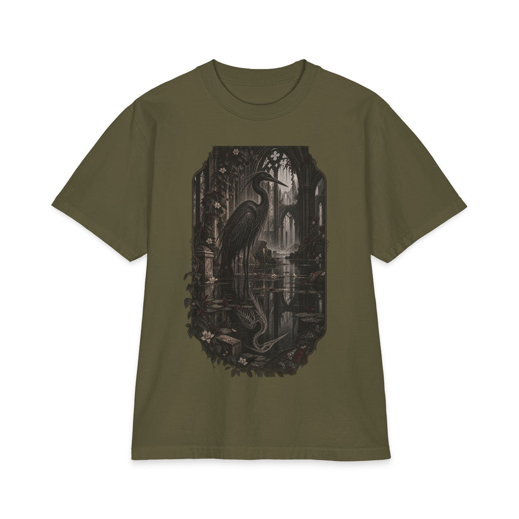 Heron & Ruins Graphic T‑Shirt — Gothic Nature Scene