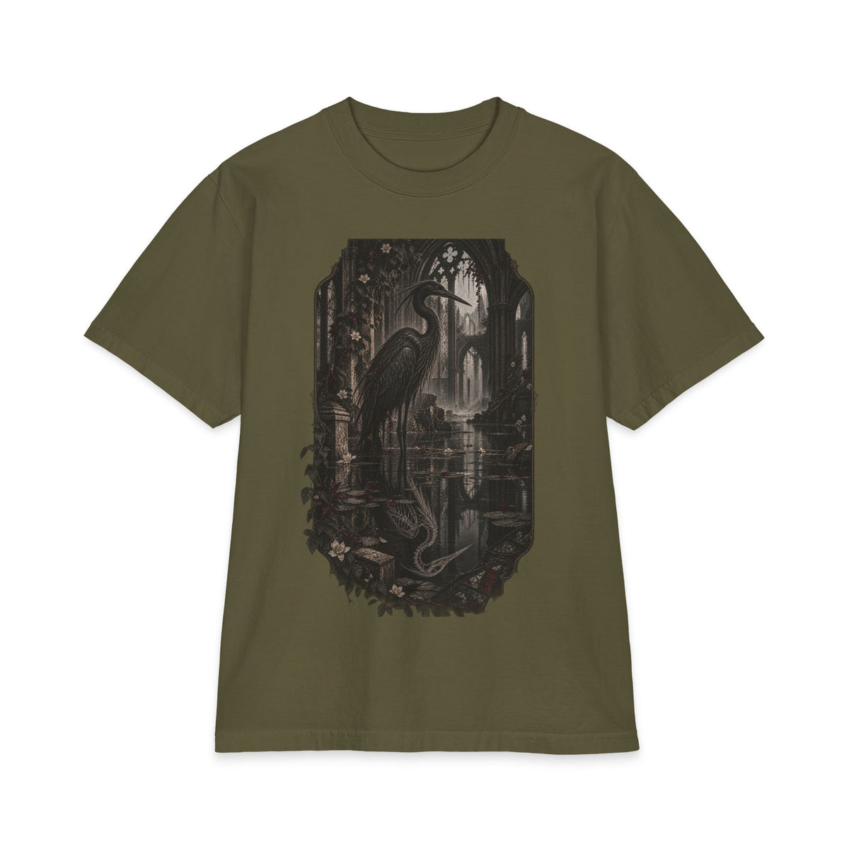 Heron & Ruins Graphic T‑Shirt — Gothic Nature Scene