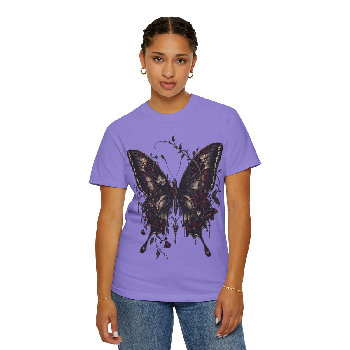Gothic Dark Butterfly T‑Shirt — Vintage Floral Moth Graphic