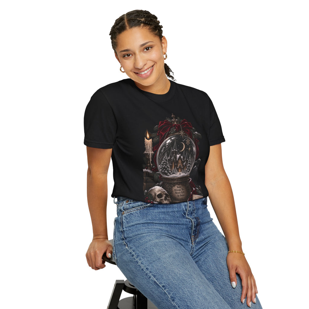 Gothic Snow Globe T-Shirt — Dark Holiday Skull & Raven Winter Scene