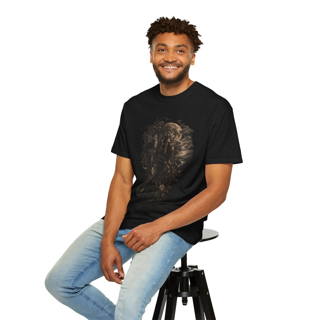 Moonlit Gothic Woman Tee — Raven & Dark Botanical Garden T-Shirt