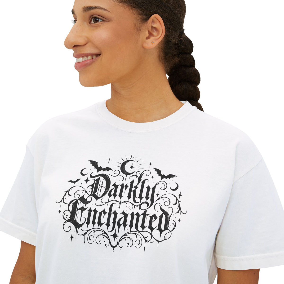 Darkly Enchanted Women's Boxy Tee — Gothic Moon & Bats Graphic