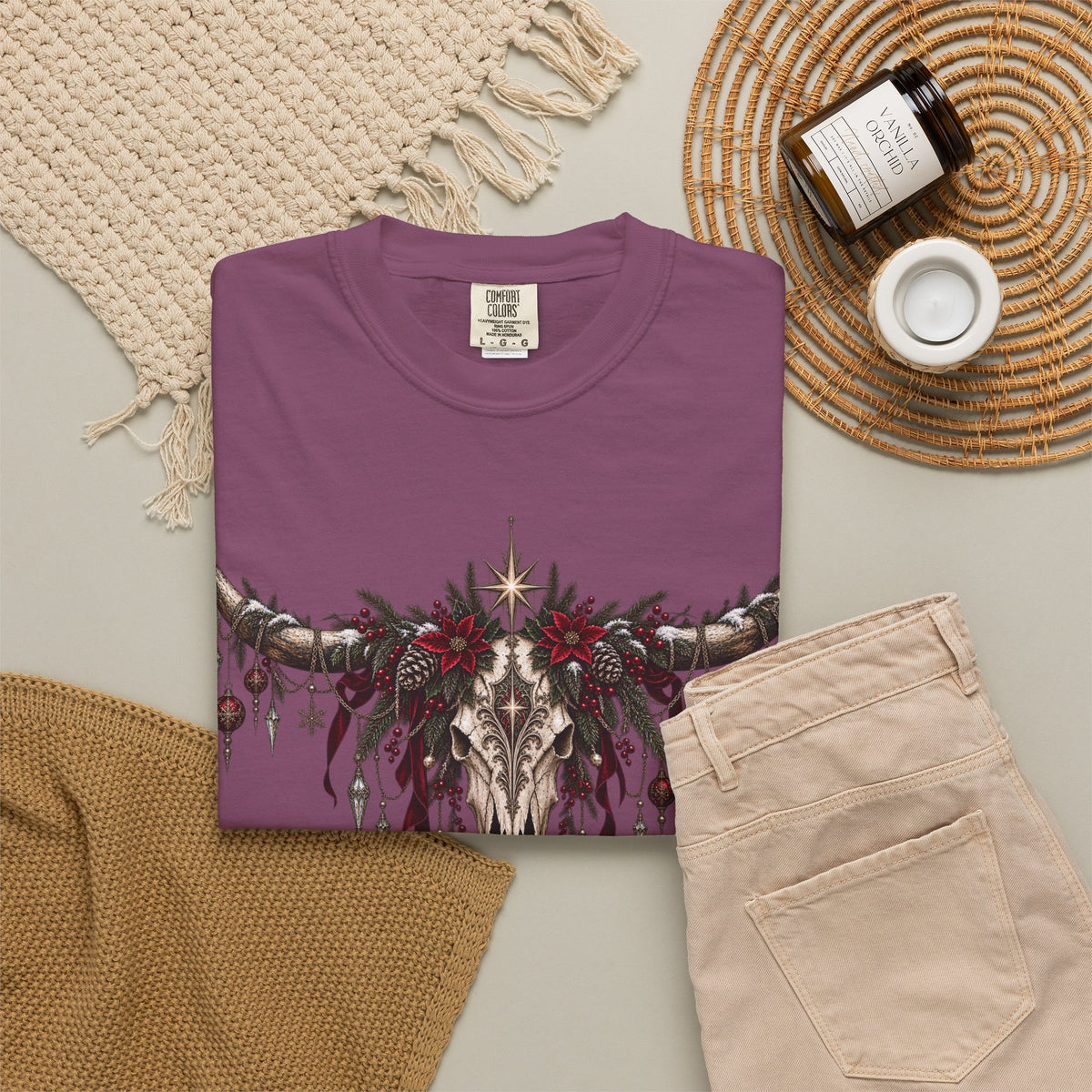 Western Skull Christmas T-Shirt — Boho Longhorn Design