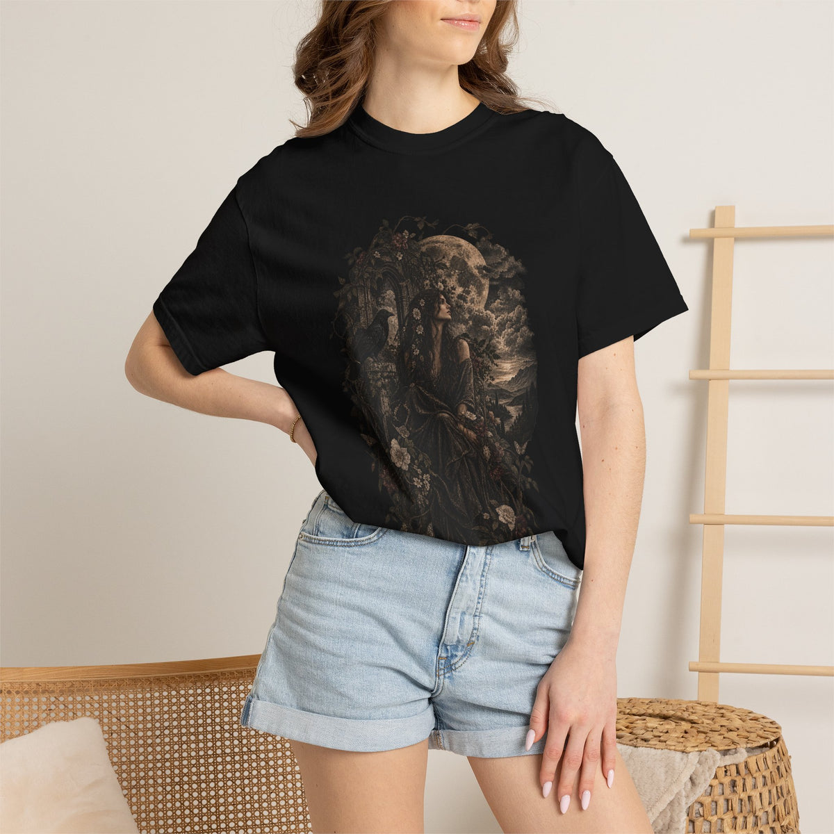 Moonlit Gothic Woman Tee — Raven & Dark Botanical Garden T-Shirt