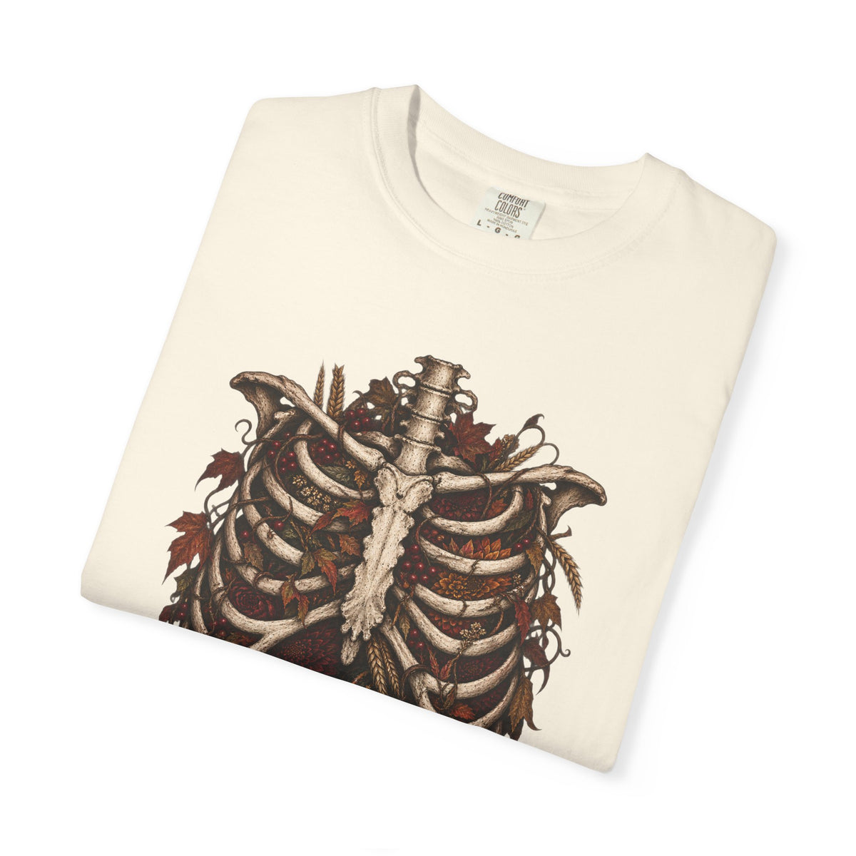Anatomical Ribcage Tee with Autumn Leaves — Distressed Skeleton Chest Graphic T-Shirt