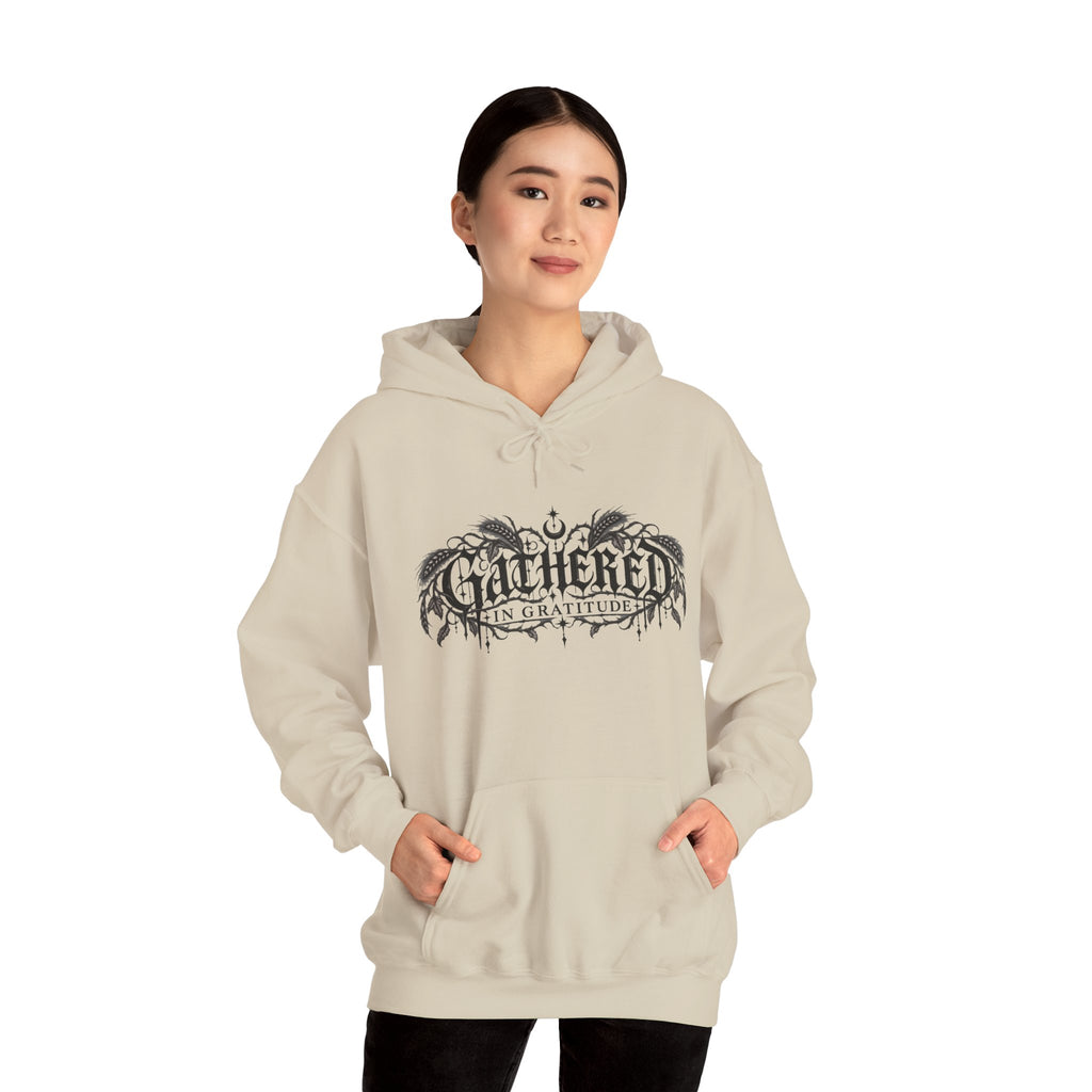 Gathered in Gratitude Hoodie — Gothic Winged Script Pullover