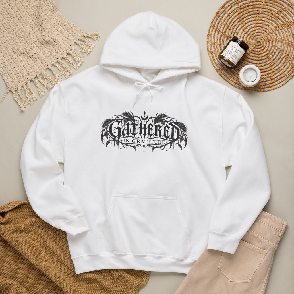 Gathered in Gratitude Hoodie — Gothic Winged Script Pullover