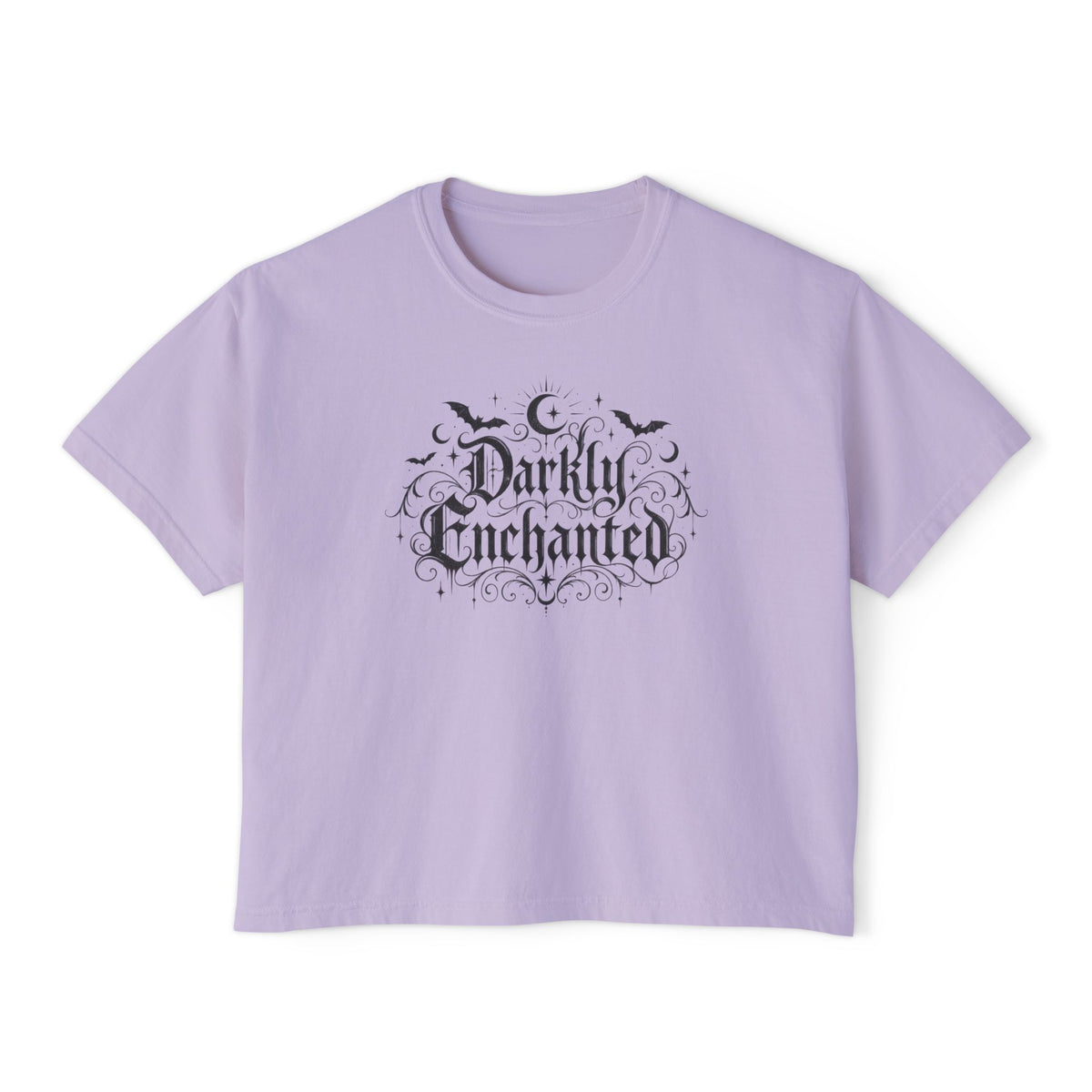 Darkly Enchanted Women's Boxy Tee — Gothic Moon & Bats Graphic