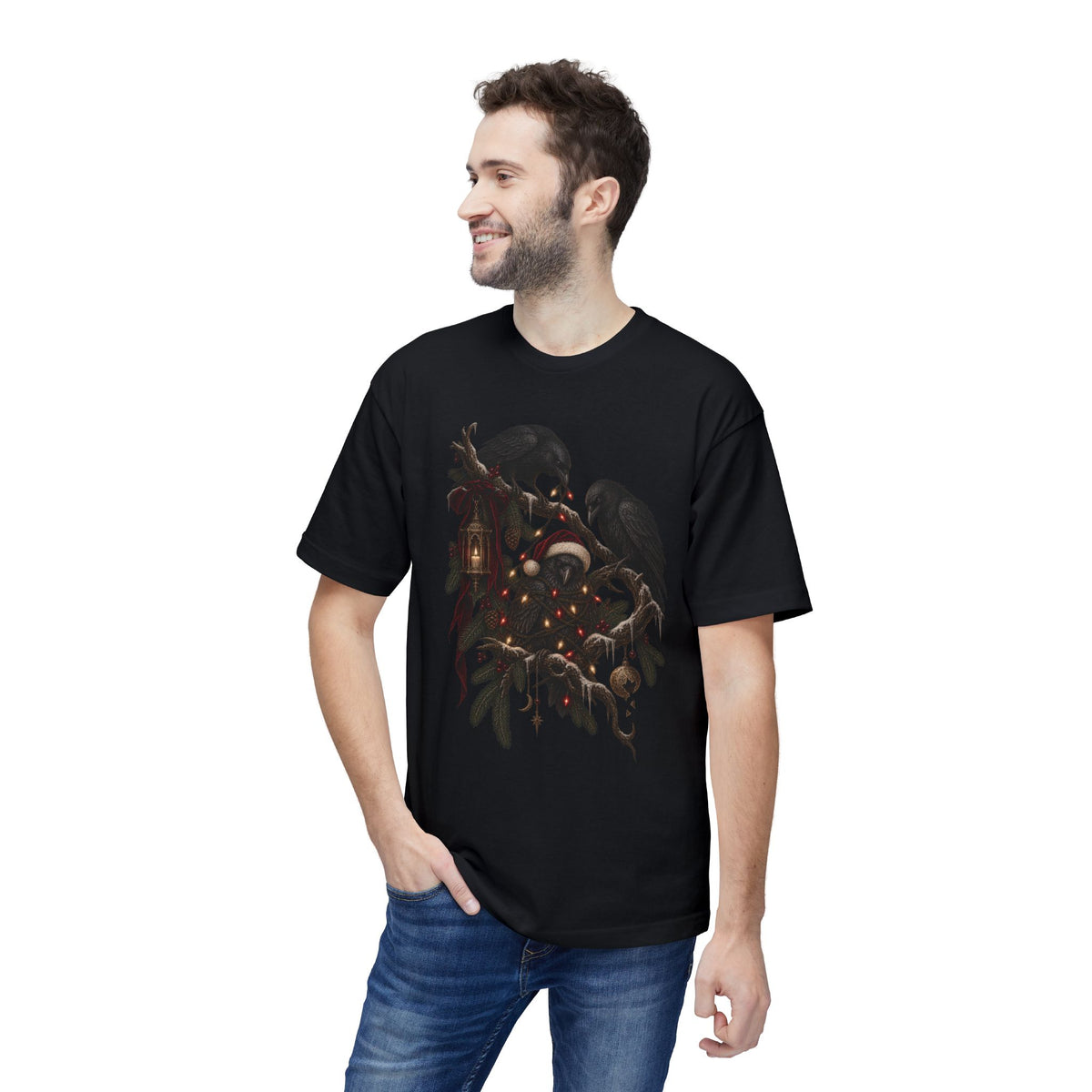 Christmas Crow T-Shirt — Festive Raven with Ornaments & Lights
