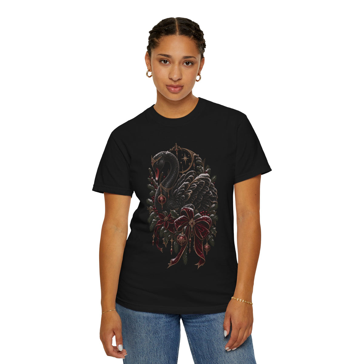 Black Swan Holiday T-Shirt — Gothic Swan with Red Bow & Ornaments