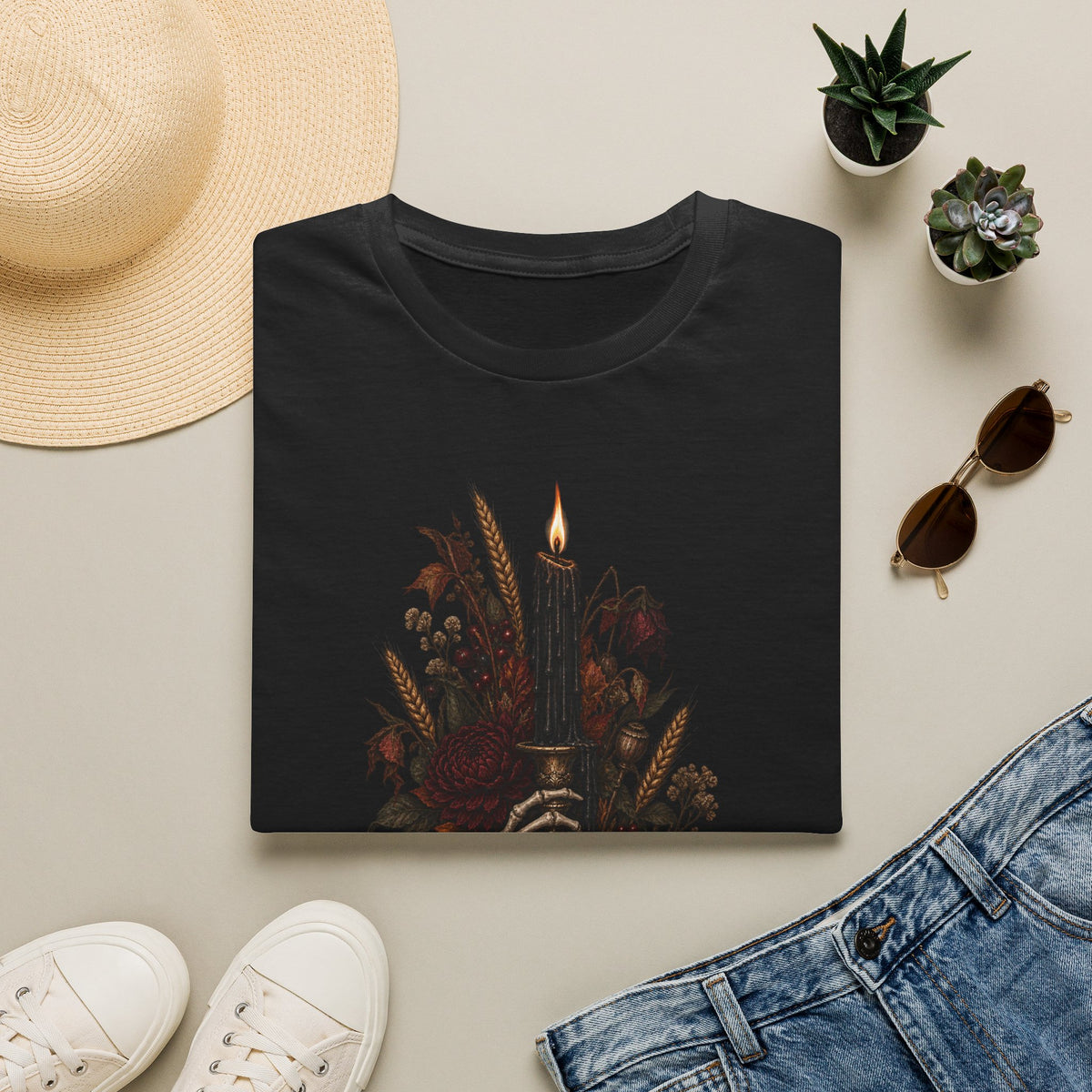 Gothic Candle T-Shirt — Hand Holding Burning Candle with Skull & Floral Design