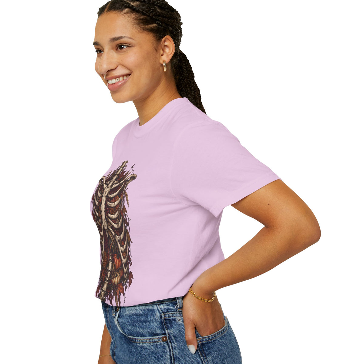Anatomical Ribcage Tee with Autumn Leaves — Distressed Skeleton Chest Graphic T-Shirt