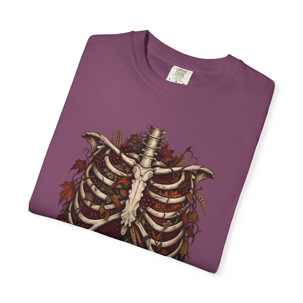 Anatomical Ribcage Tee with Autumn Leaves — Distressed Skeleton Chest Graphic T-Shirt