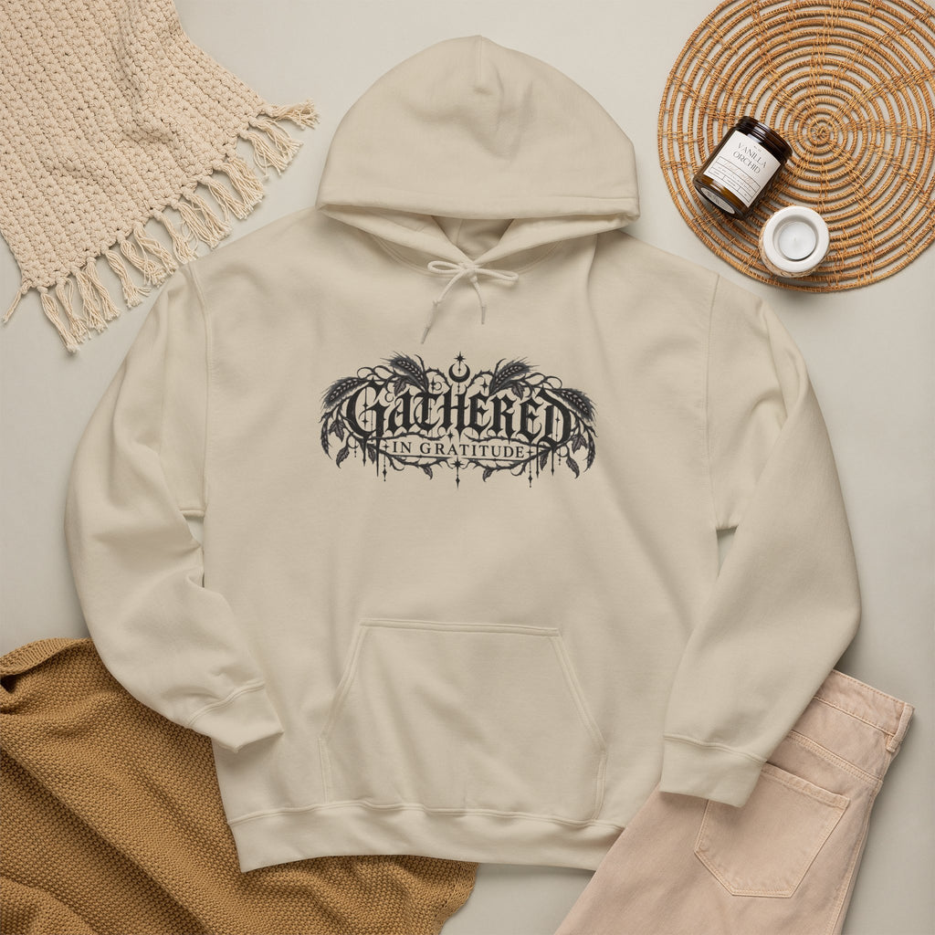 Gathered in Gratitude Hoodie — Gothic Winged Script Pullover