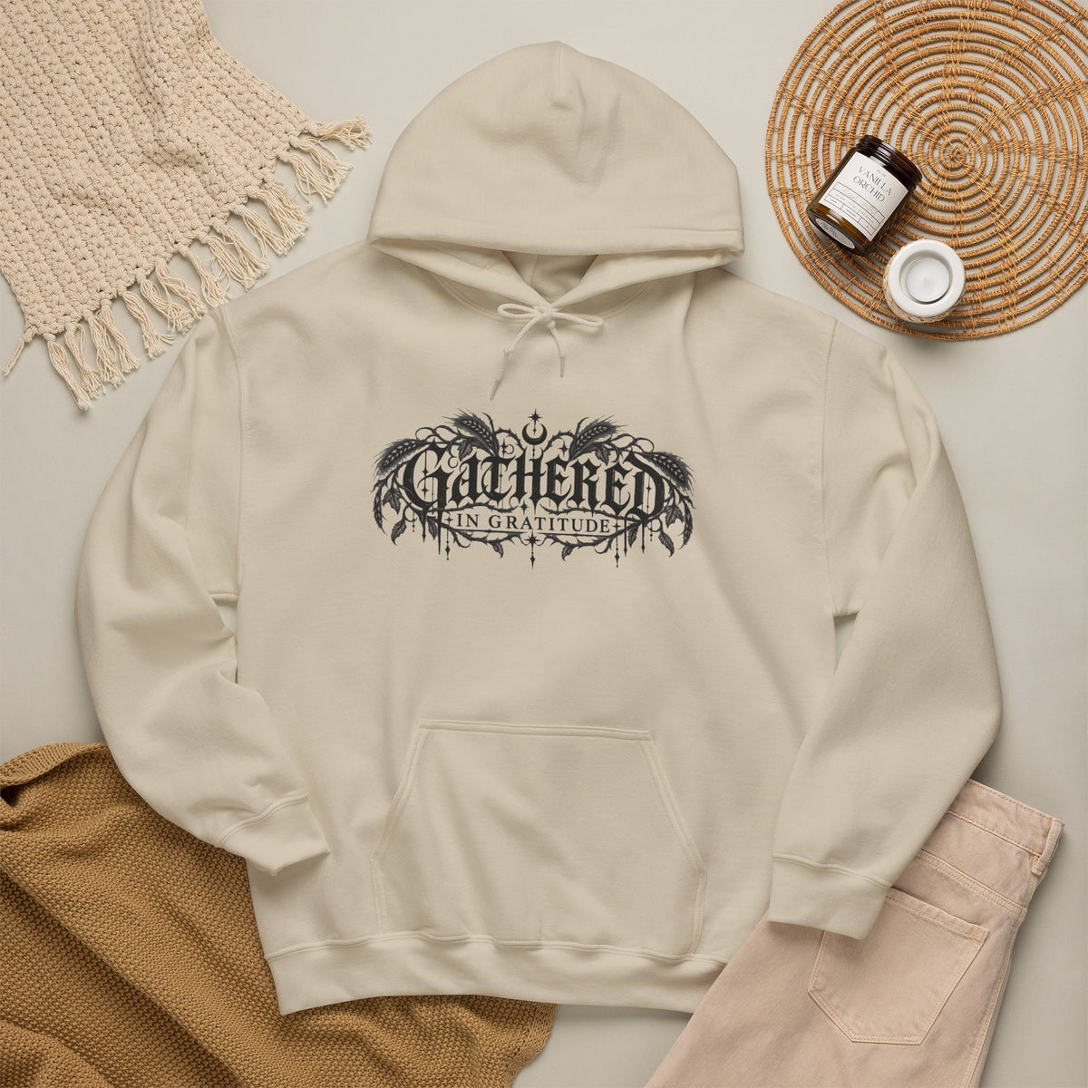 Gathered in Gratitude Hoodie — Gothic Winged Script Pullover