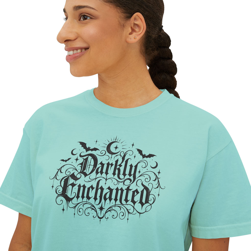 Darkly Enchanted Women's Boxy Tee — Gothic Moon & Bats Graphic