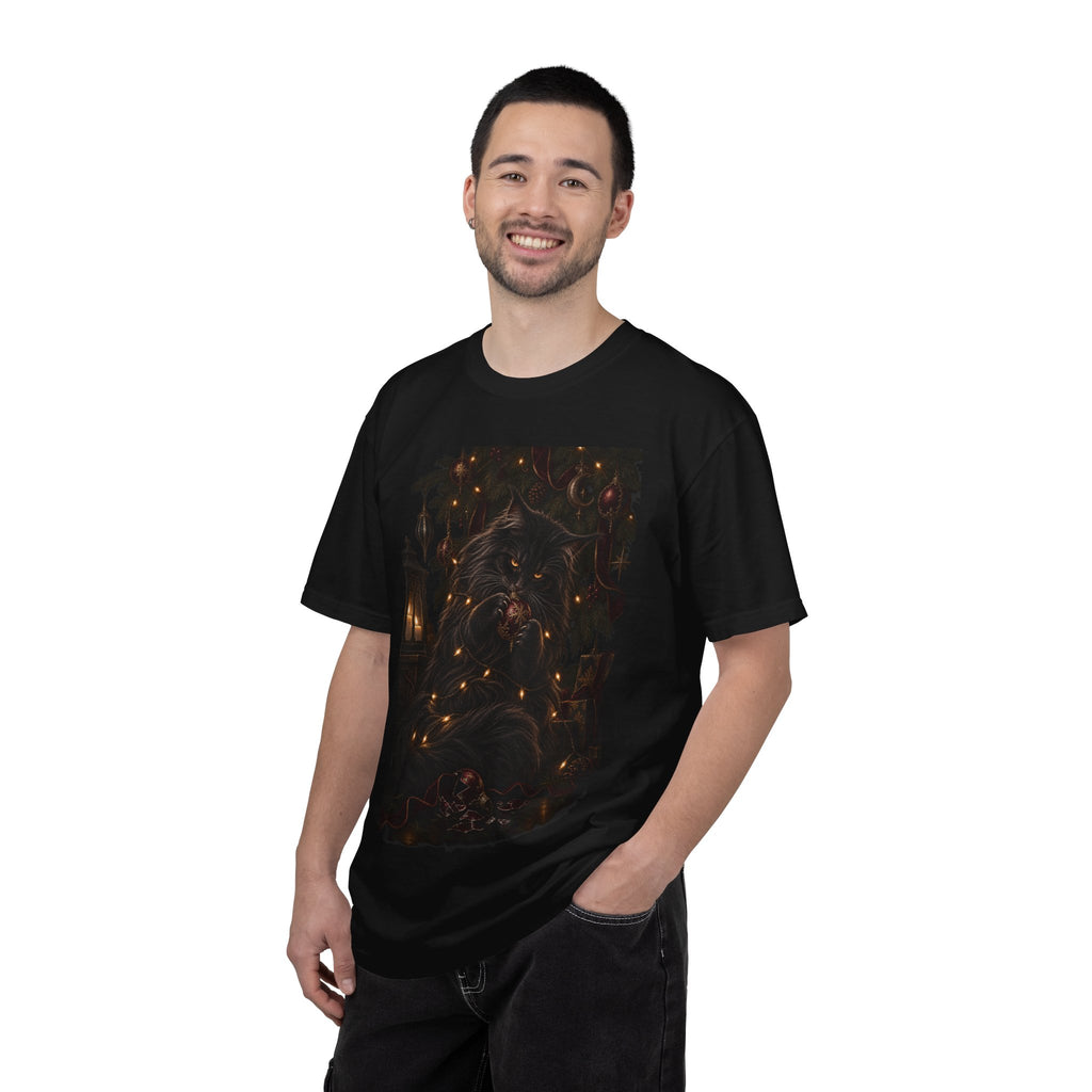 Black Cat Christmas T-Shirt — Gothic Holiday Lights Graphic
