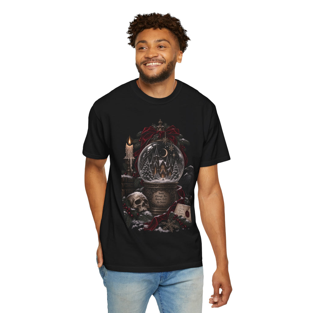 Gothic Snow Globe T-Shirt — Dark Holiday Skull & Raven Winter Scene