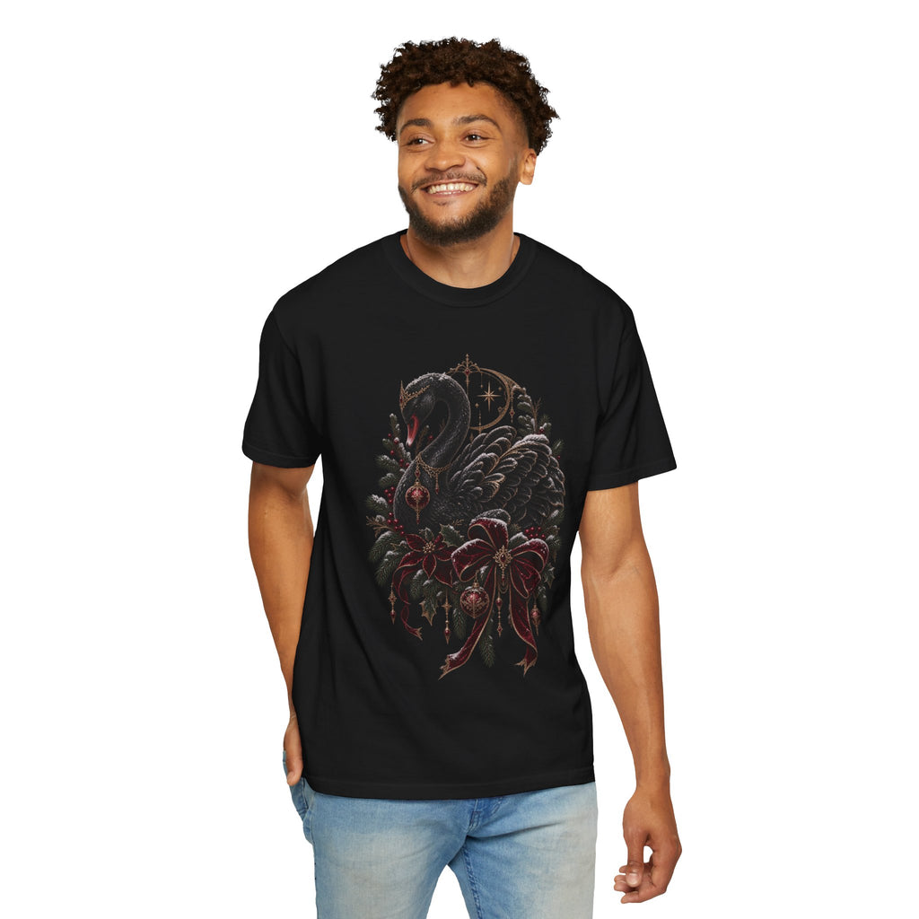 Black Swan Holiday T-Shirt — Gothic Swan with Red Bow & Ornaments