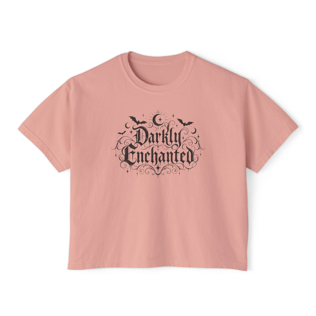 Darkly Enchanted Women's Boxy Tee — Gothic Moon & Bats Graphic