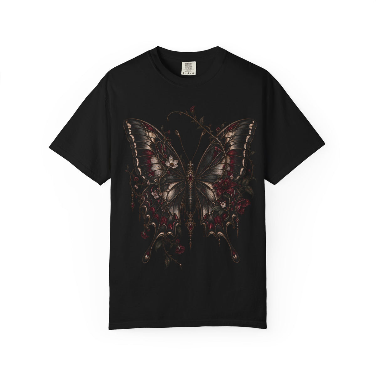 Gothic Dark Butterfly T‑Shirt — Vintage Floral Moth Graphic