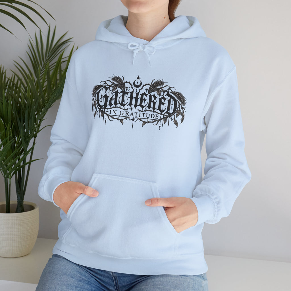 Gathered in Gratitude Hoodie — Gothic Winged Script Pullover