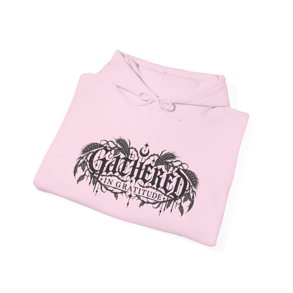 Gathered in Gratitude Hoodie — Gothic Winged Script Pullover