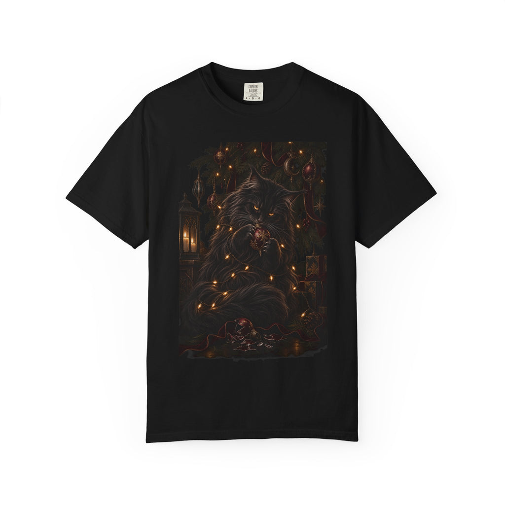 Black Cat Christmas T-Shirt — Gothic Holiday Lights Graphic