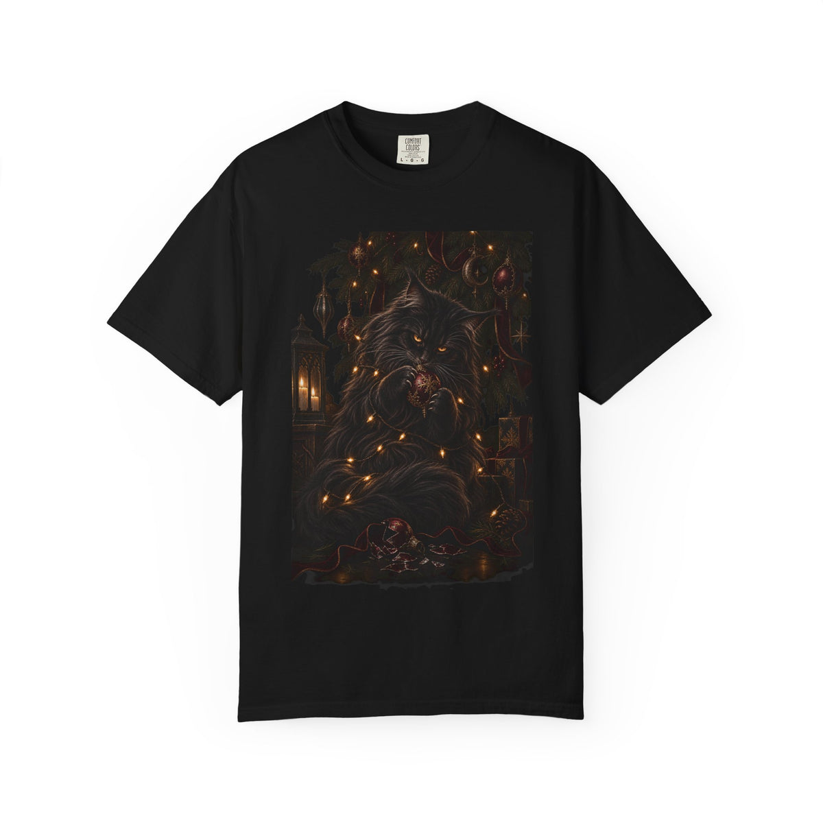 Black Cat Christmas T-Shirt — Gothic Holiday Lights Graphic