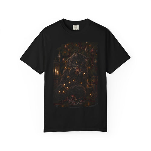 Black Cat Christmas T-Shirt — Gothic Holiday Lights Graphic
