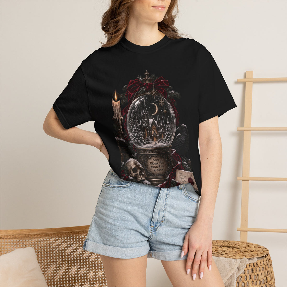 Gothic Snow Globe T-Shirt — Dark Holiday Skull & Raven Winter Scene