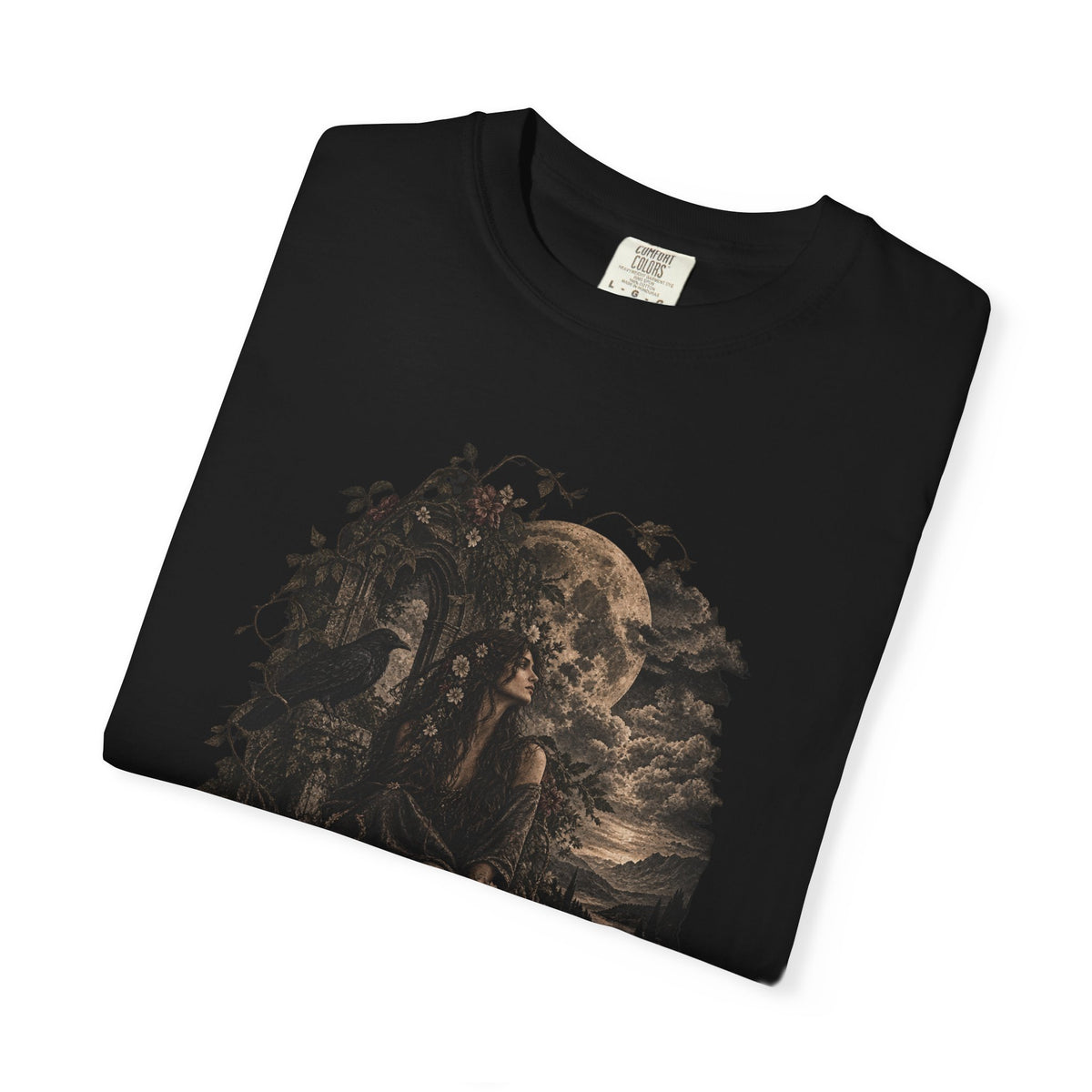 Moonlit Gothic Woman Tee — Raven & Dark Botanical Garden T-Shirt